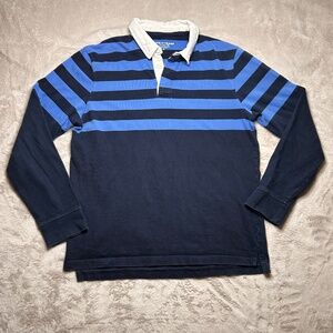 Line of Trade Rugby Shirt Mens M Navy Blue Stripe 100% Cotton Long Sleeve Polo